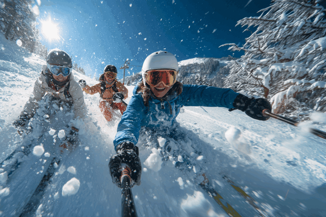 mladá rodina si užívá lyžování na horách a má sjednané pojištění úrazu