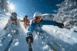 mladá rodina si užívá lyžování na horách a má sjednané pojištění úrazu