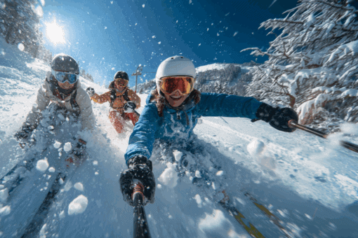 mladá rodina si užívá lyžování na horách a má sjednané pojištění úrazu